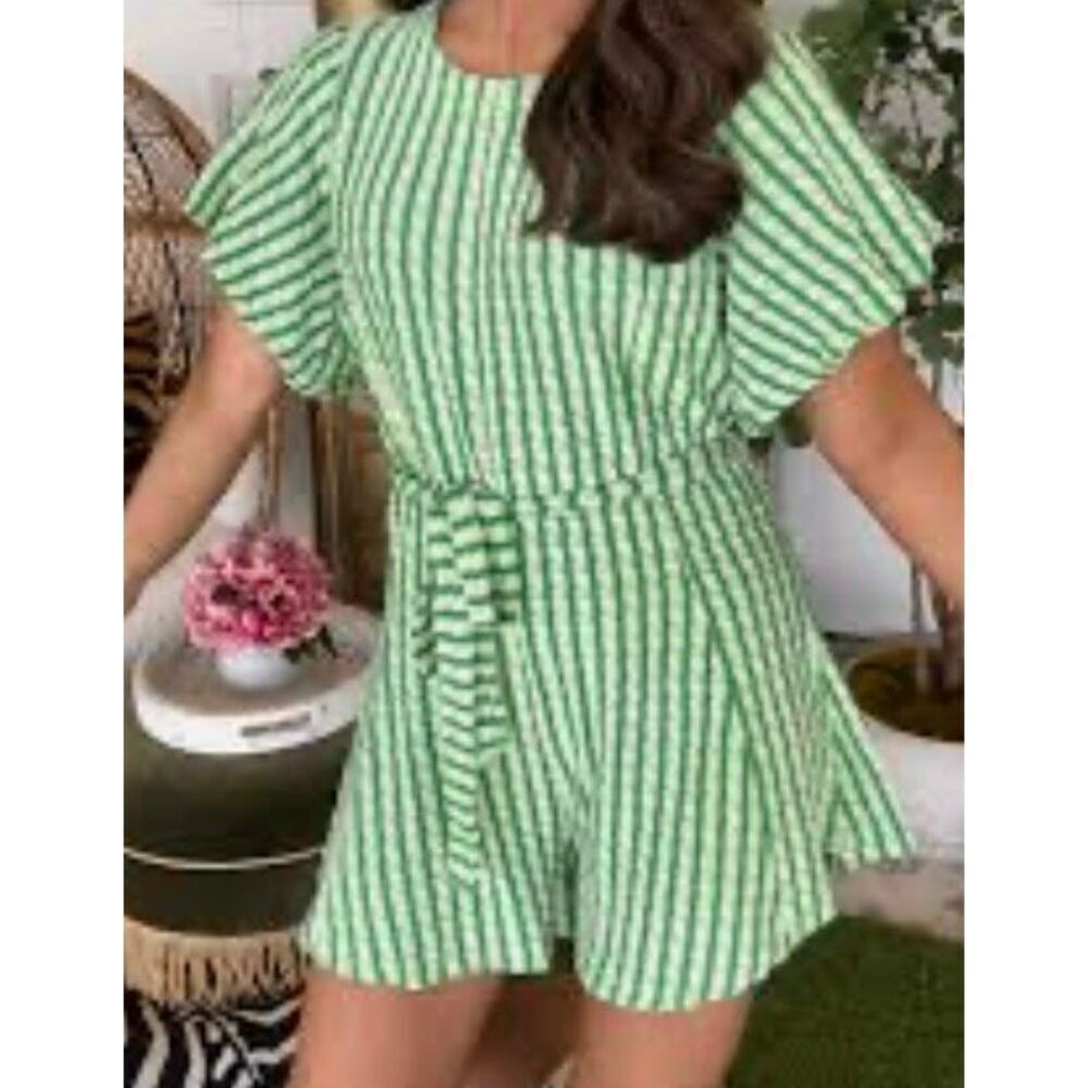Umgee Womens Green Stripe Puff Sleeve Romper Sz Small NEW